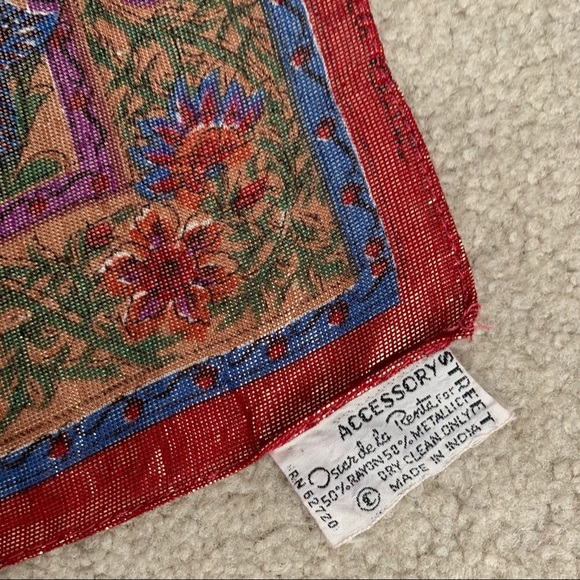 Vintage Oscar de la Renta Metallic Deep Red Gold Floral Square Scarf - Picture 6 of 15